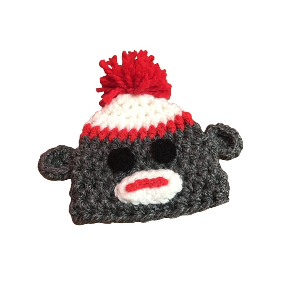 Hand Crocheted Sock Monkey Winter‎ Hat Red Grey